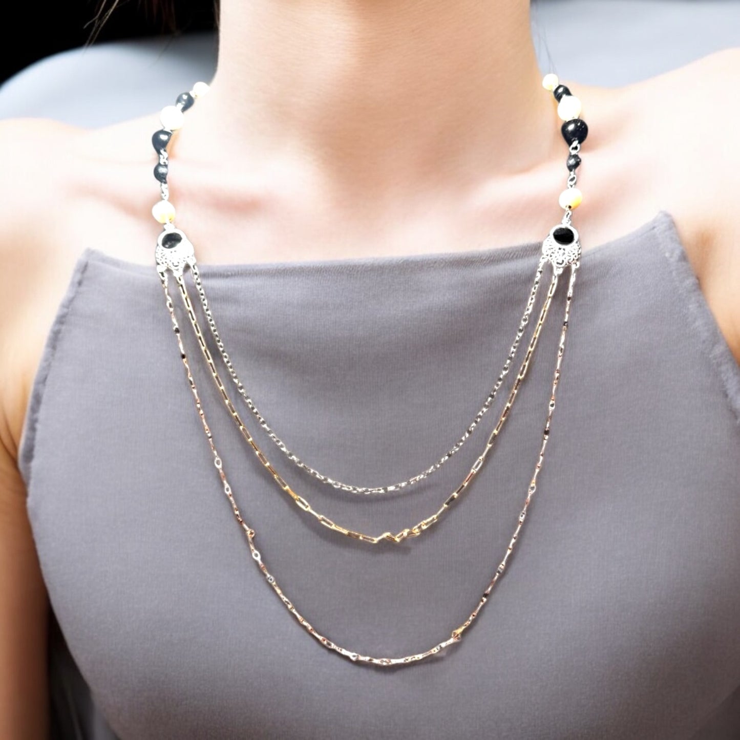 Long Triple Chain and Stone Necklace