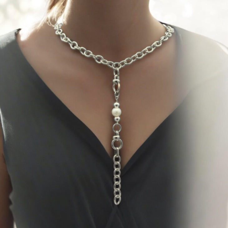 Silver Chunky Lariat Pearl