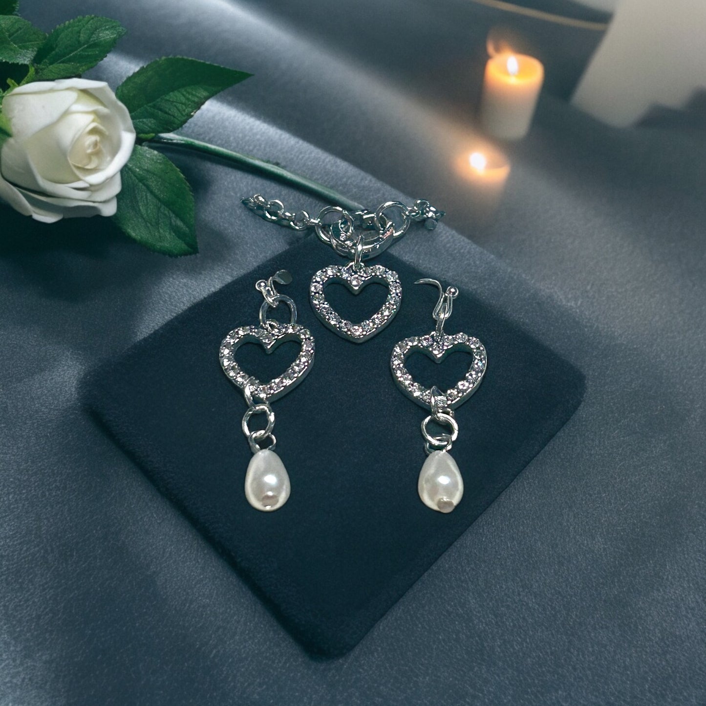 Heart & Pearl Earrings and Necklace set