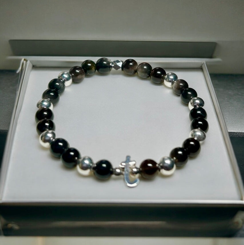 Initial Silver Obsidian Bracelet