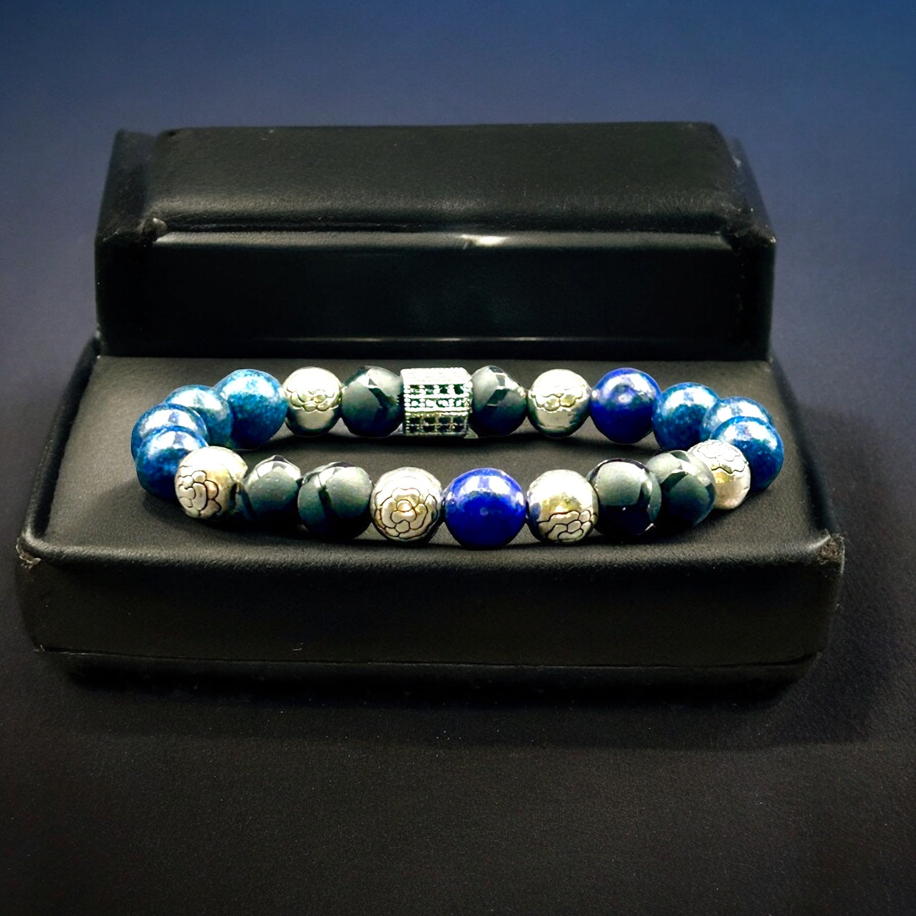 Carved Silver, Blue Lapis & Black Onyx