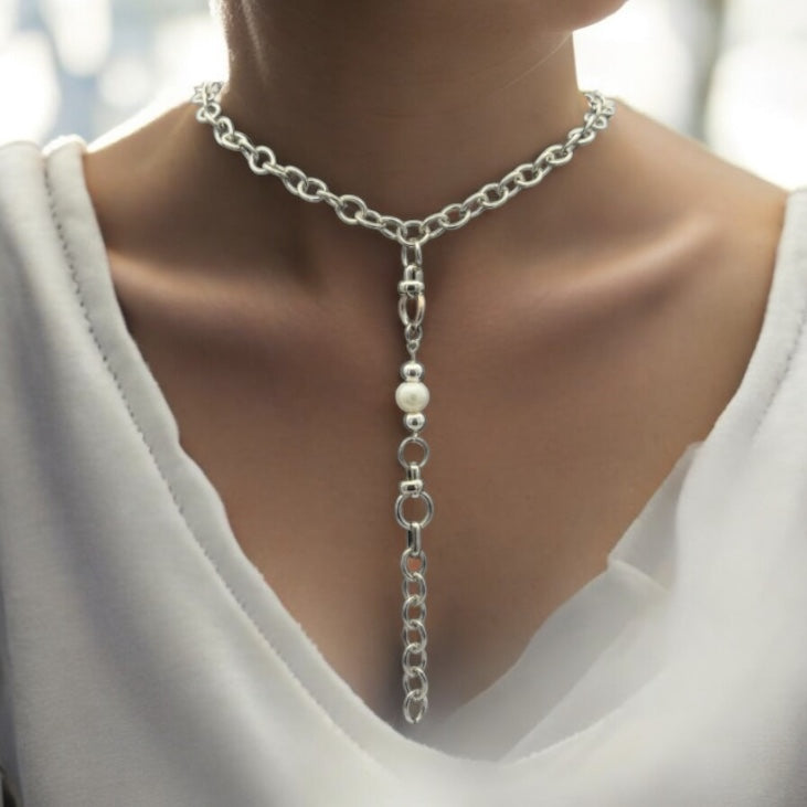 Silver Chunky Lariat Pearl