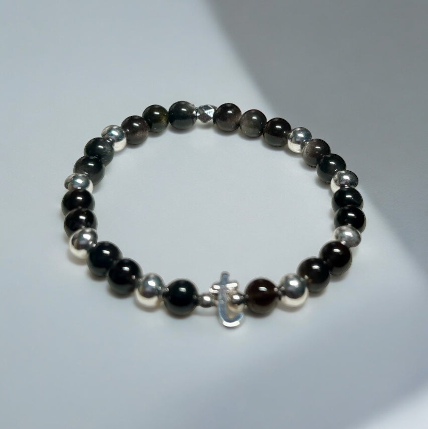 Initial Silver Obsidian Bracelet