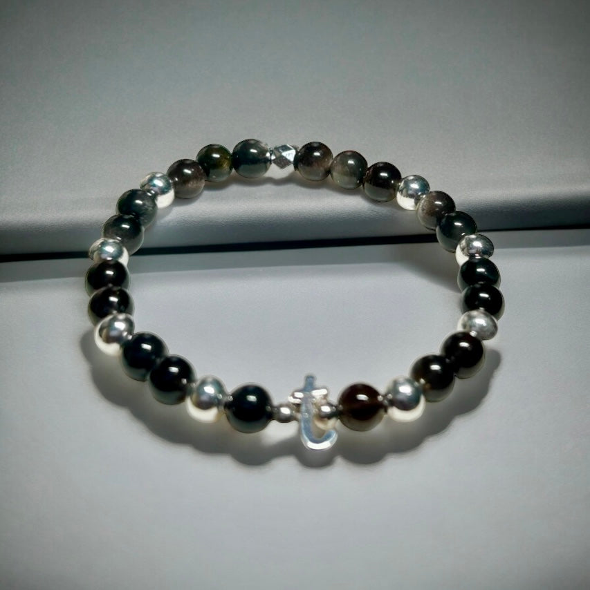 Initial Silver Obsidian Bracelet