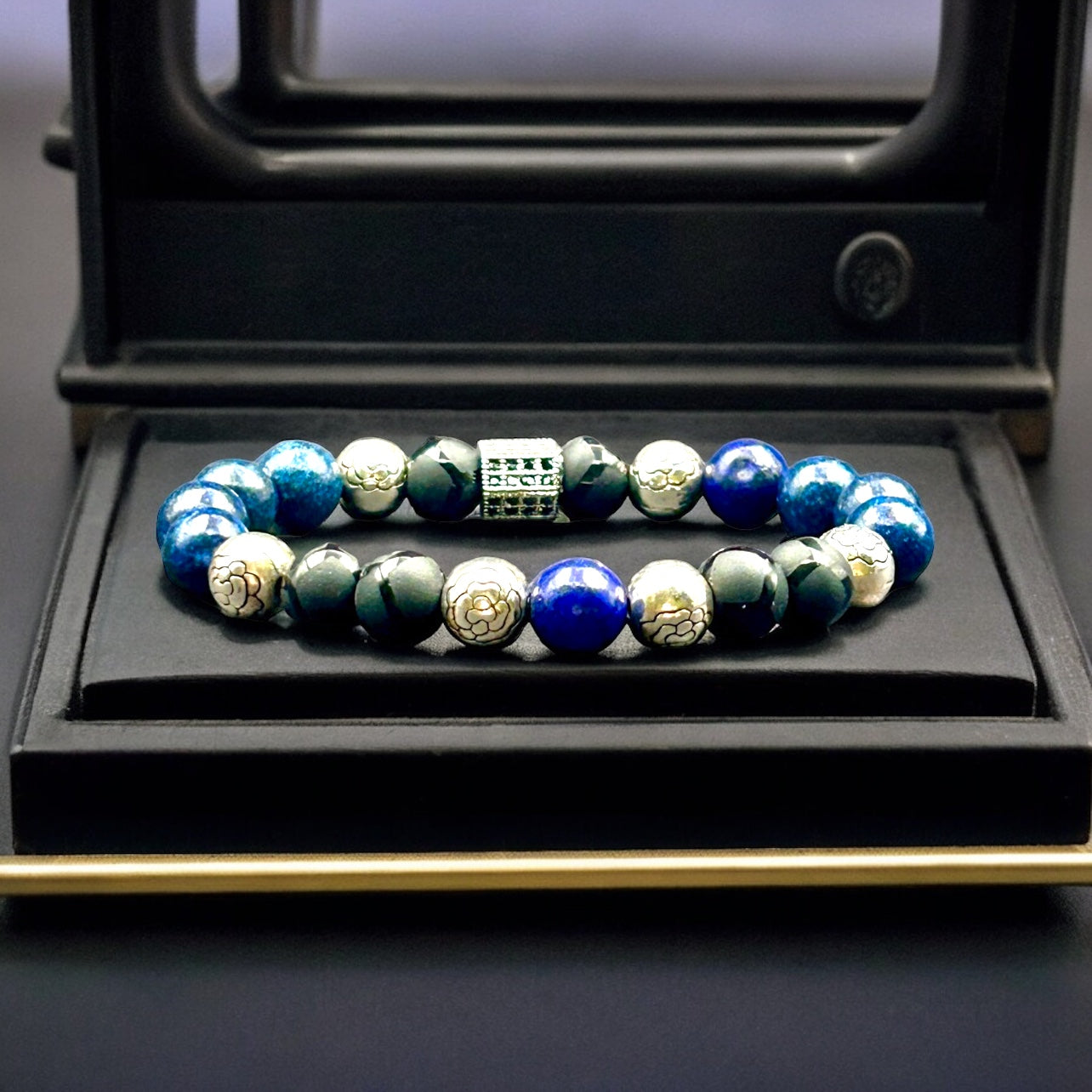 Carved Silver, Blue Lapis & Black Onyx