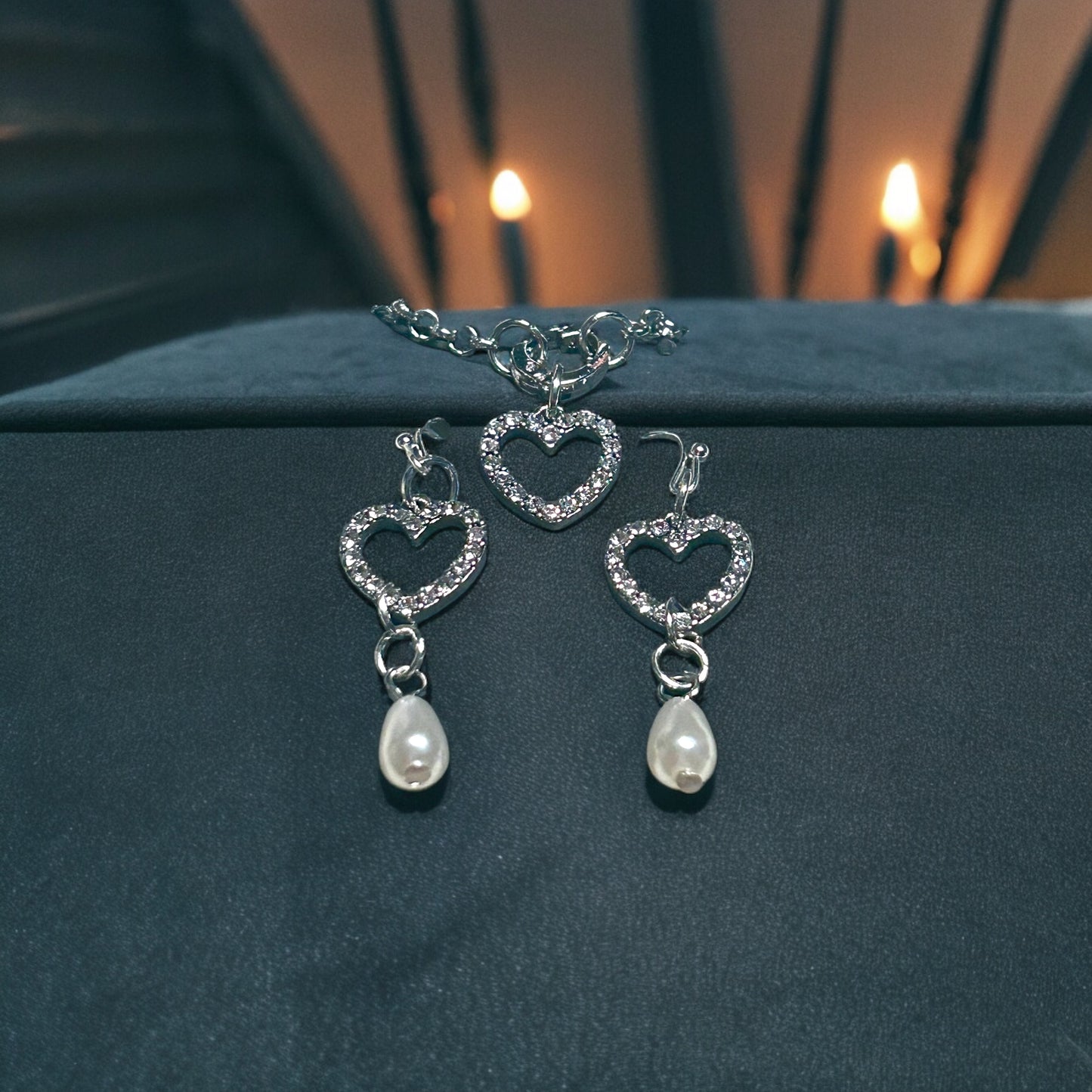 Heart & Pearl Earrings and Necklace set