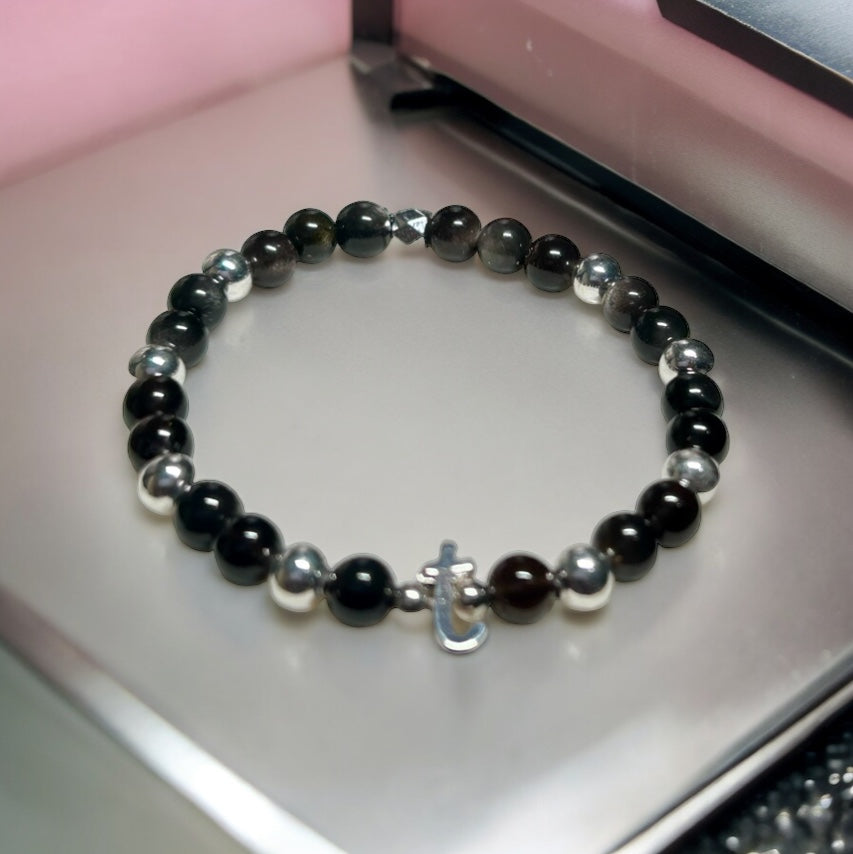 Initial Silver Obsidian Bracelet