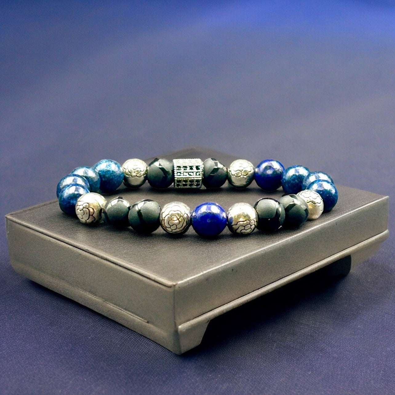 Carved Silver, Blue Lapis & Black Onyx