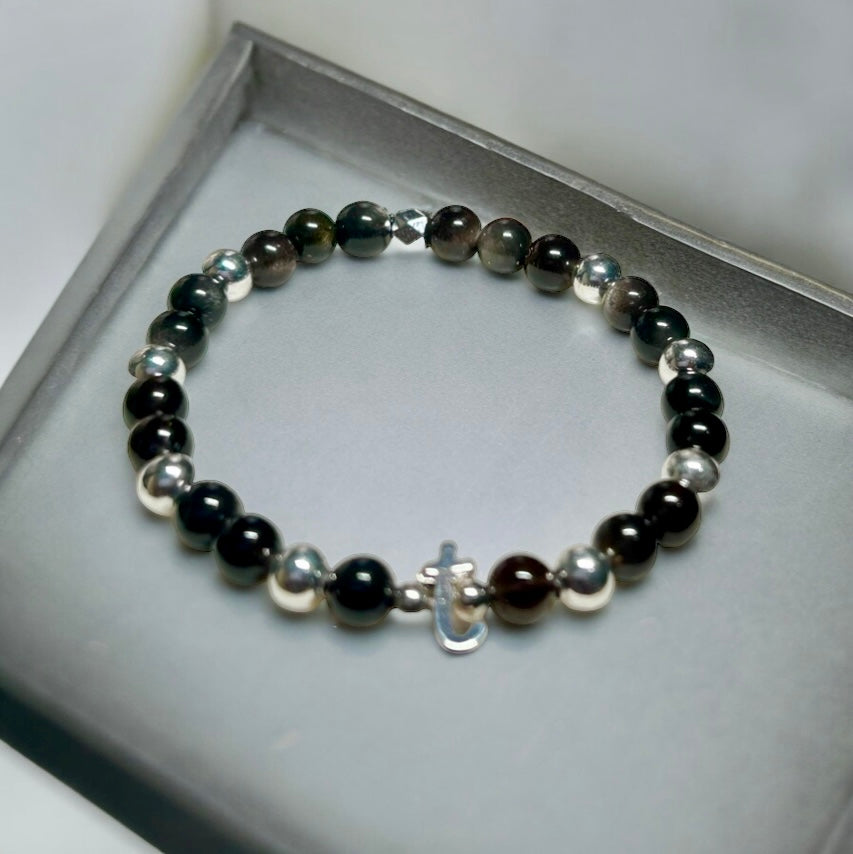 Initial Silver Obsidian Bracelet