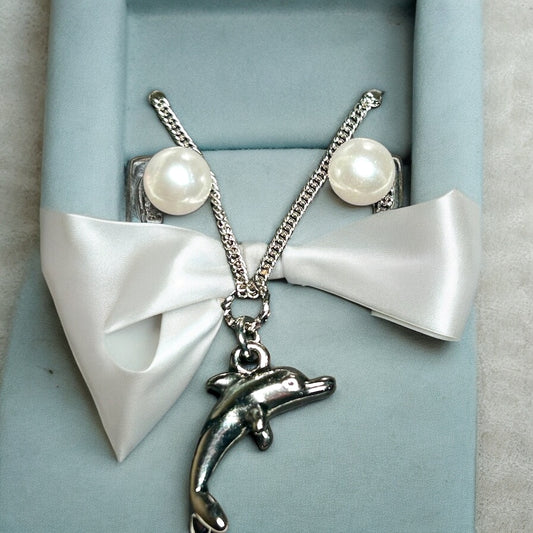 Dolphin Pendant and Pearl Earrings