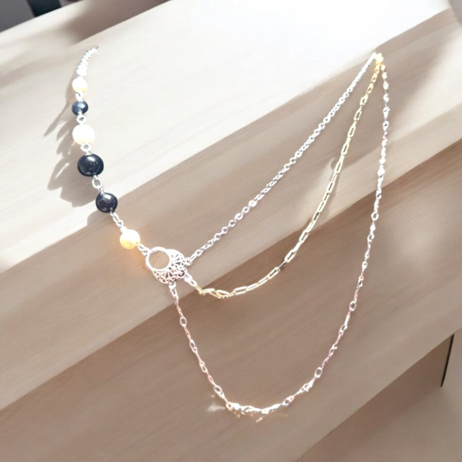 Long Triple Chain and Stone Necklace